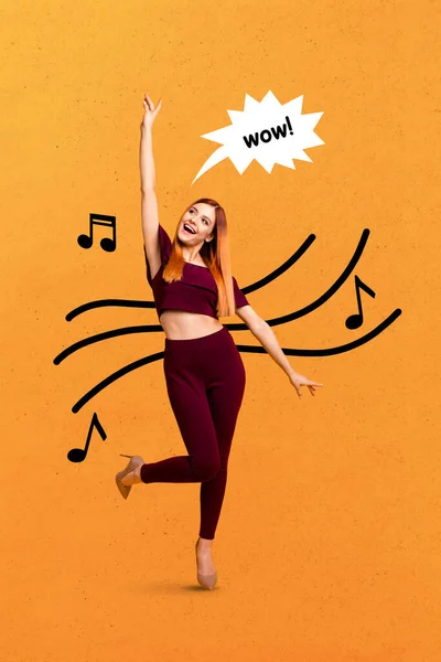 Heyecanlı Sevinçli Kızın Dikey Kolaj Portresi Dans Müziğinin Keyfini Çıkarın — Stok fotoğraf