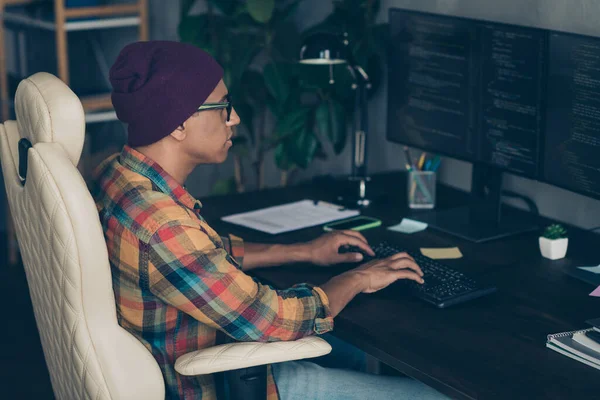 Profile Portrait Smart Web Designer Guy Sitting Chair Keyboard Writing — Stock Photo, Image
