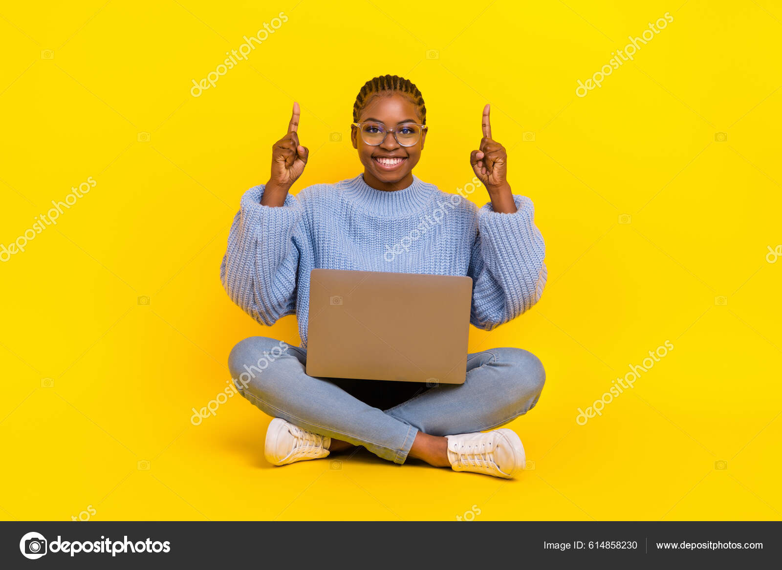 Full Length Photo Young Lady Wear Blue Sweater Advertising New Stock Photo deagreez1 614858230