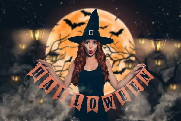 Collage Foto Van Mysterie Heks Meisje Handen Houden Halloween Brief — Stockfoto