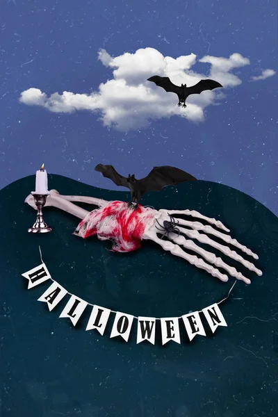 Függőleges Kollázs Illusztráció Halott Csontváz Zombi Kéz Gyertya Tartó Halloween — Stock Fotó
