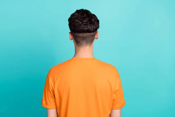 Back rear spine photo of guy stand incognito have modern haircut silky smooth hair isolated on cyan color background.