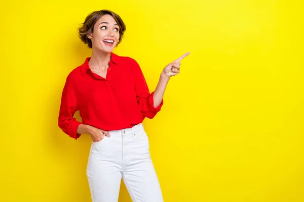 Portrait Adorable Pretty Girl Bob Hairdo Dressed Red Shirt Finger — Stock Photo, Image