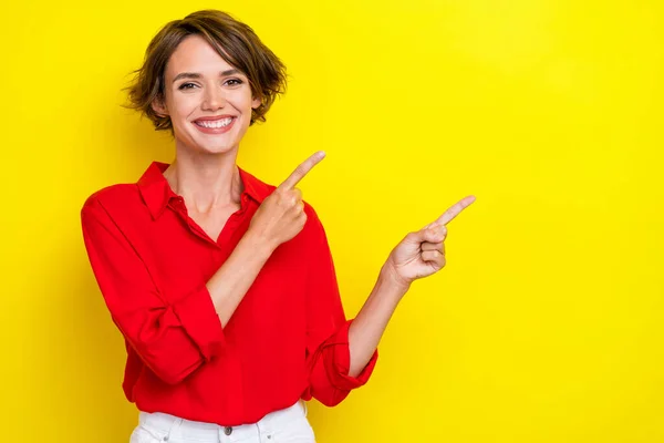 Photo Adorable Gorgeous Girl Bob Hairstyle Wear Red Shirt Fingers — Stock Photo, Image