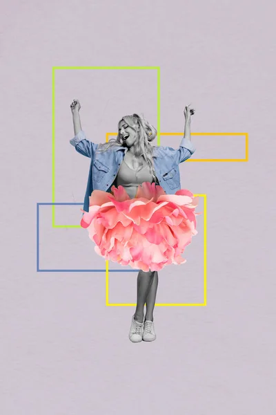 Tijdschrift Poster Collage Van Grappige Jeugd Dame Dansen Energiek Met — Stockfoto