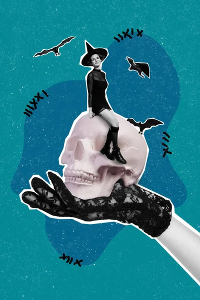 Vertical collage image of big arm black white colors hold mini girl conjurer sit skull head isolated on creative background.