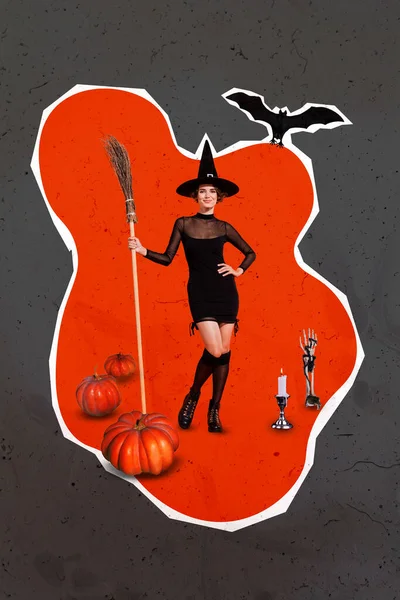 漂亮迷人的魔术师女孩拿着扫帚棒飞着的蝙蝠南瓜骷髅手电筒的垂直拼贴图片 在图画的背景下被隔绝了 — 图库照片