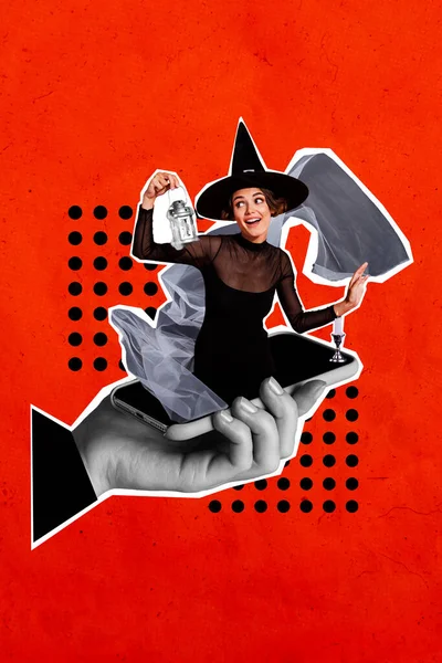 Vertical collage image of big arm hold telephone screen witch girl cone hat lamp isolated on creative red background.