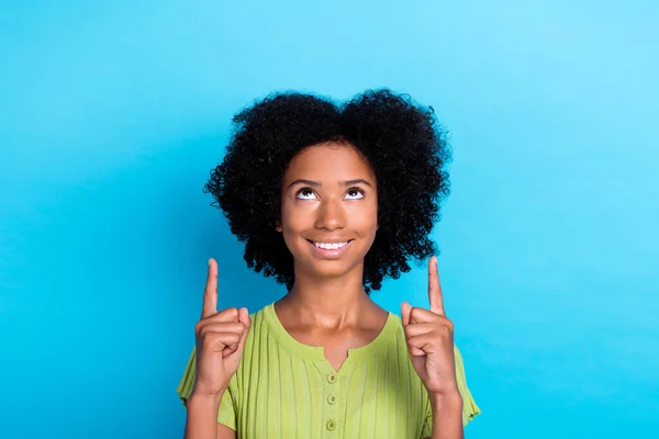 Portrait Optimistic Positive Girl Curly Hairstyle Wear Green Shirt Look — Stock Photo, Image