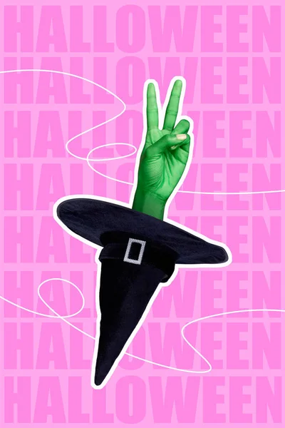 Vertikale Collage Illustration Von Grünen Armfingern Demonstrieren Zeichen Innerhalb Kegelhut — Stockfoto