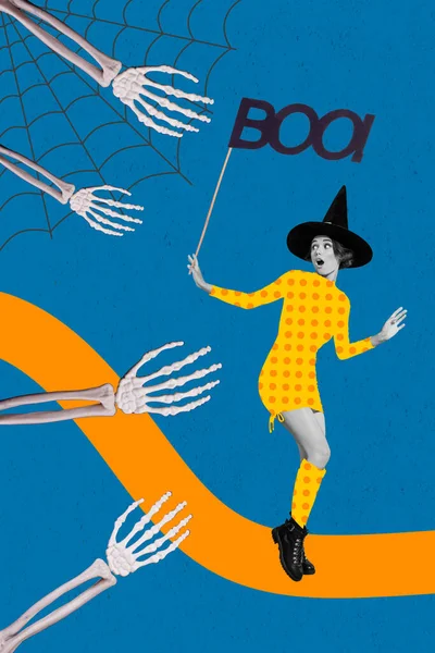 Vertical collage picture of impressed frightened witch girl hold boo stick look huge skeleton arms isolated on painted background.