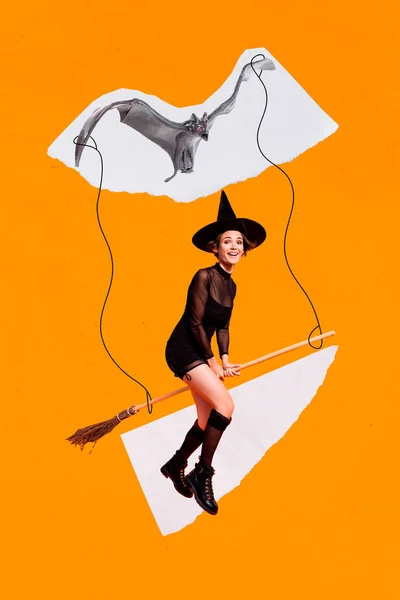 大棒飞舞的垂直拼图牵着线微笑着女巫扫帚棒在橙色背景下被隔离 — 图库照片