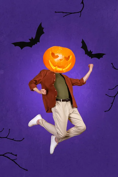 Vertical Collage Image Delighted Guy Carved Pumpkin Instead Head Jumping — Stock Photo, Image