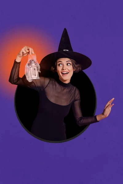 垂直コラージュ写真の正の魔女女の子ホール手ホールドランプ絶縁上絵背景 — ストック写真