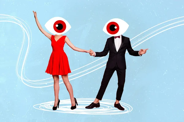 Creative trend collage of dancing couple caricature eyes instead head date man woman suit dress have fun tango isolated painting background.