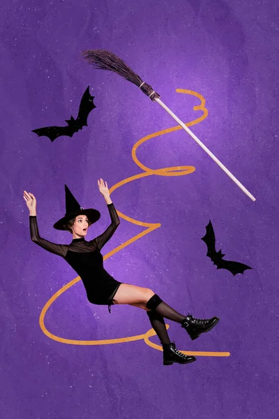 Vertical Collage Picture Shocked Conjurer Girl Falling Broom Stick Flying — Stock Photo, Image