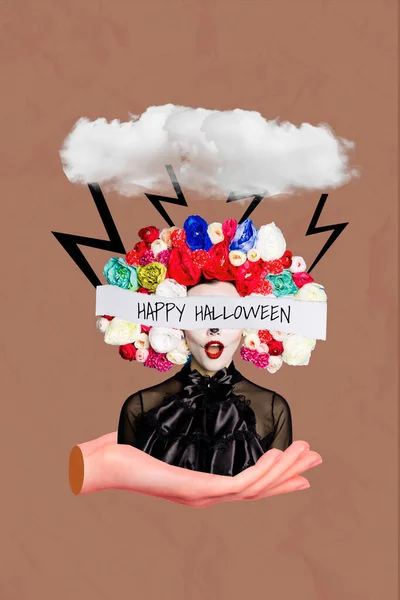 Vertical collage picture of big arm palm hold mexican girl happy halloween text painted thunder clouds lightning isolated on drawing background.