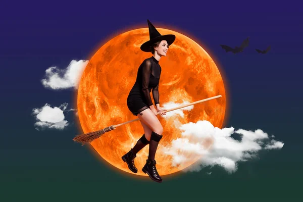 有创意的拼贴图上漂亮而积极的女巫在粉刷的背景下飞扫帚云彩满月的图片 — 图库照片