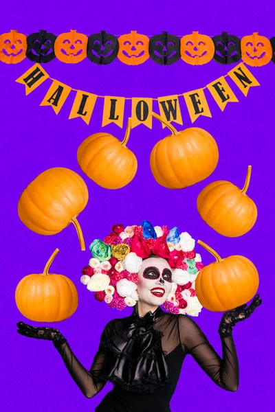 Imagem Colagem Vertical Alegre Positivo Menina Mãos Abóboras Halloween Bandeiras — Fotografia de Stock