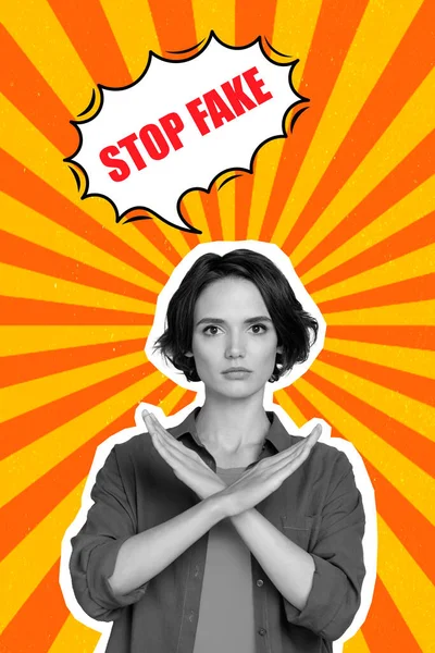 Zdjęcie Grafika Minimalny Obraz Poważnej Kobiety Ręce Skrzyżowane Prosząc Zatrzymać — Zdjęcie stockowe