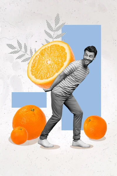 コラージュ写真の若い面白い興奮正男ホールド大きなスライスオレンジ運ぶ一緒にビタミン新鮮なジュースダイエット孤立した絵の背景 — ストック写真
