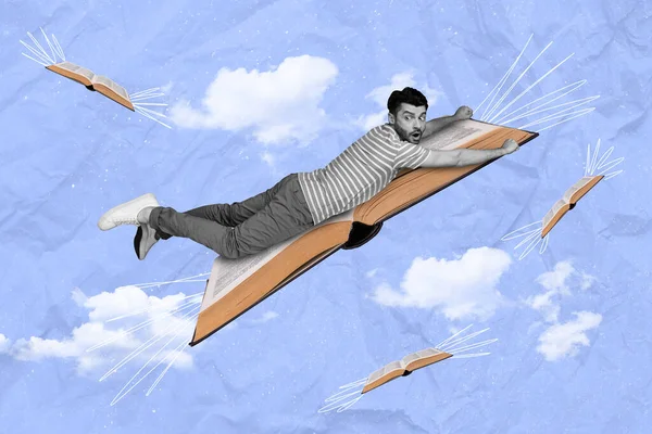 面白いファンキーな怖がって落下男の創造的な抽象的なテンプレートのコラージュ飛行本翼おとぎ話の想像力雲の空 — ストック写真