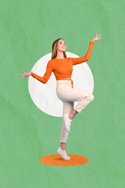 Foto Colagem Vertical Despreocupado Bonito Atraente Mulher Adorável Saltando Dançando — Fotografia de Stock