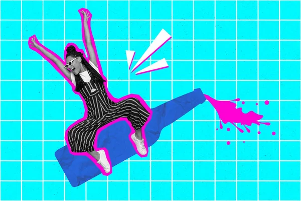 Dibujo Creativo Collage Imagen Positivo Divertido Funky Enérgico Mujer Levantar —  Fotos de Stock