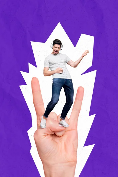 Vertical Collage Photo Handsome Crazy Man Playing Imaginary Guitar Standing — Stock Photo, Image