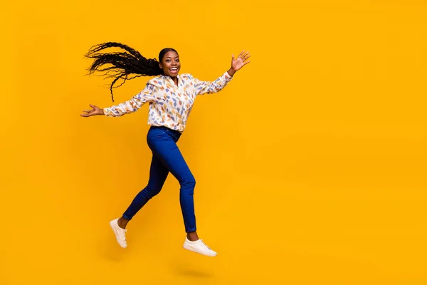 Full Length Body Size View Attractive Cheerful Girl Jumping Walking — Stock Photo, Image