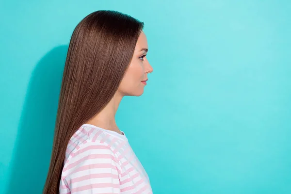 Side Profile Photo Nice Adorable Girl Long Hairstyle Wear Striped — Stock Photo, Image