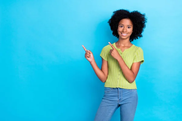 Portrait Cheerful Positive Girl Curly Hairstyle Wear Green Shirt Indicating — Stock Photo, Image