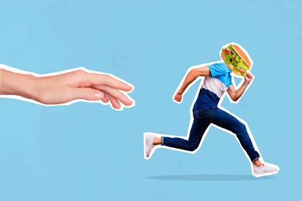 Композитный Коллаж Изображения Фанки Маленький Человек Гамбургер Вместо Головы Убегая — стоковое фото
