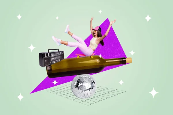 Yaratıcı Afiş Resmi Kolajı Cam Şampanya Şişesini Dengeleyen Genç Bayan — Stok fotoğraf