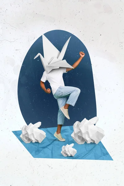 Affiche Collage Van Rare Persoon Met Origami Figuur Gezicht Opstaan — Stockfoto