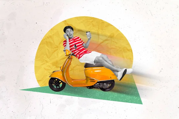 Şok Olmuş Adamın Resimli Dergi Kolajı Motosiklet Sürüşü Hızlı Dinle — Stok fotoğraf