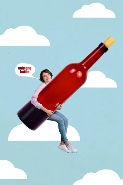구름에 그림을 긍정적 소녀의 콜라주 와인을 — 스톡 사진
