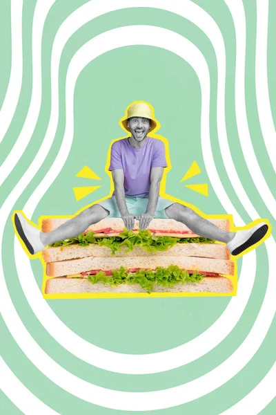 Vertical Collage Picture Overjoyed Excited Guy Sitting Huge Sandwich Isolated — Stock Photo, Image