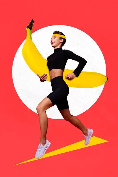 クリエイティブ写真3Dコラージュポスター作品の絵を描く背景に孤立して走る幸せな若いスポーツ少女の絵葉書アートワーク — ストック写真