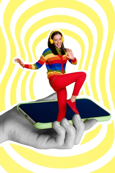 Collage Foto Von Jungen Hübschen Tanzenden Frau Tragen Regenbogenfarbe Hemd — Stockfoto