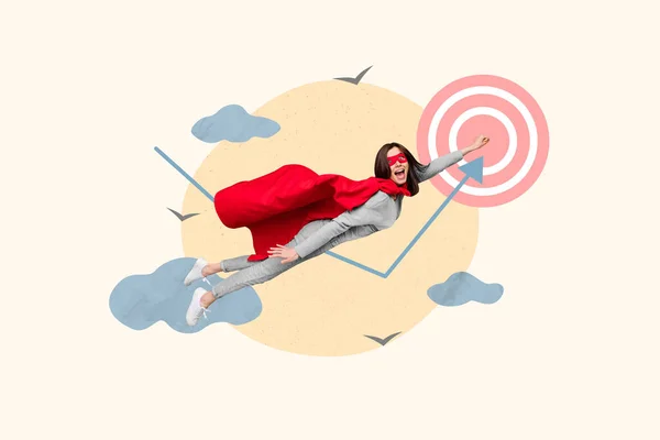 Kreatywny Kolaż Portret Podekscytowany Pozytywne Super Dziewczyna Podnieść Pięść Latający — Zdjęcie stockowe