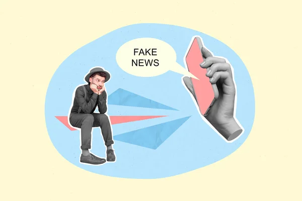 Creative collage illustration of big arm black white effect hold telephone fake news mini unsatisfied disappointed guy.