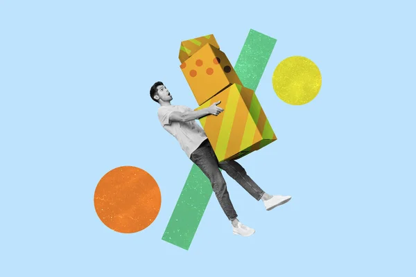 Rétro Abstrait Illustration Créative Collage Drôle Jeune Homme Tenant Pile — Photo