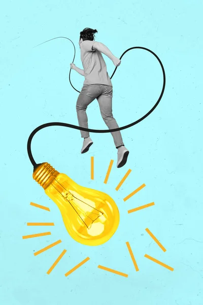 Colagem Tendência Criativa Correr Jovem Segurando Fio Cabo Lâmpada Elétrica — Fotografia de Stock