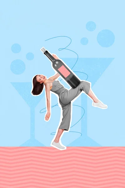 Colagem Vertical Retrato Menina Despreocupada Animado Segurar Dança Garrafa Vinho — Fotografia de Stock