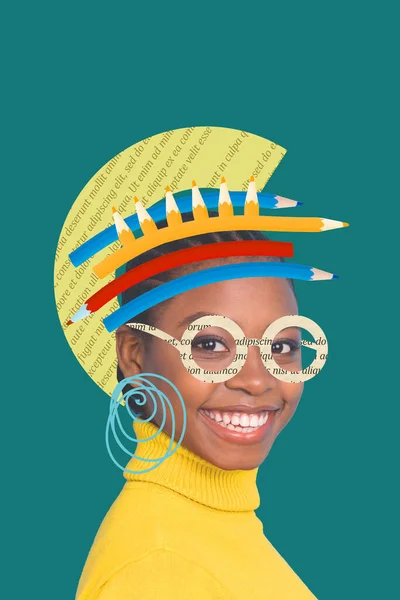 Creative abstract template collage of funny attractive awesome pretty young woman caricature doodle pencil hat text glasses reader earrings.