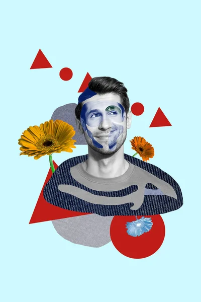 Creatieve Poster Collage Van Melancholische Leuke Jonge Man Smeltende Gezicht — Stockfoto