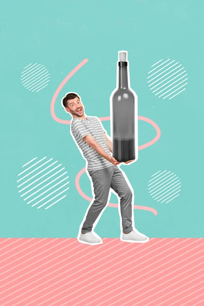 Imagem Colagem Vertical Braços Cara Animado Segurar Garrafa Vinho Grande — Fotografia de Stock