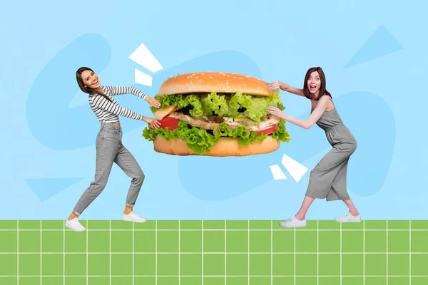 Kreatív Kollázs Kép Két Izgatott Lány Húzza Harc Nagy Burger — Stock Fotó