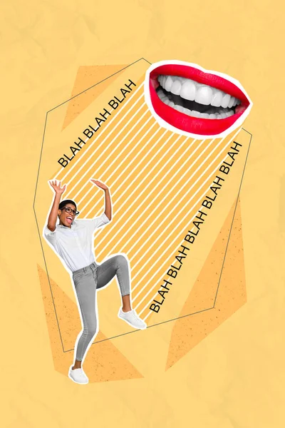 Pionowy Kolaż Obrazu Przerażonej Osoby Chronić Ogromne Usta Powiedzieć Bla — Zdjęcie stockowe